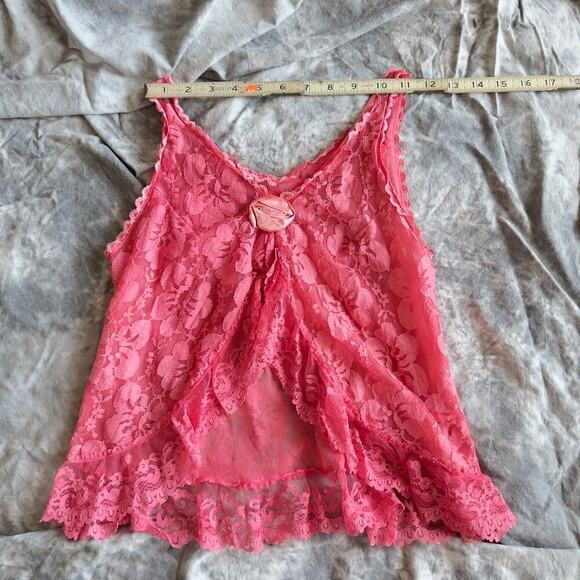Red Lace 1960s Babydoll Cami Sleeveless Top Hand Dyed Vintage Lingerie Rosette - Picture 8 of 14